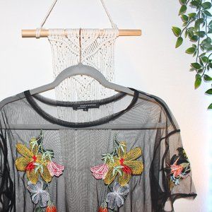 ZAKA Woman Sheer Black Floral Bohemian Top